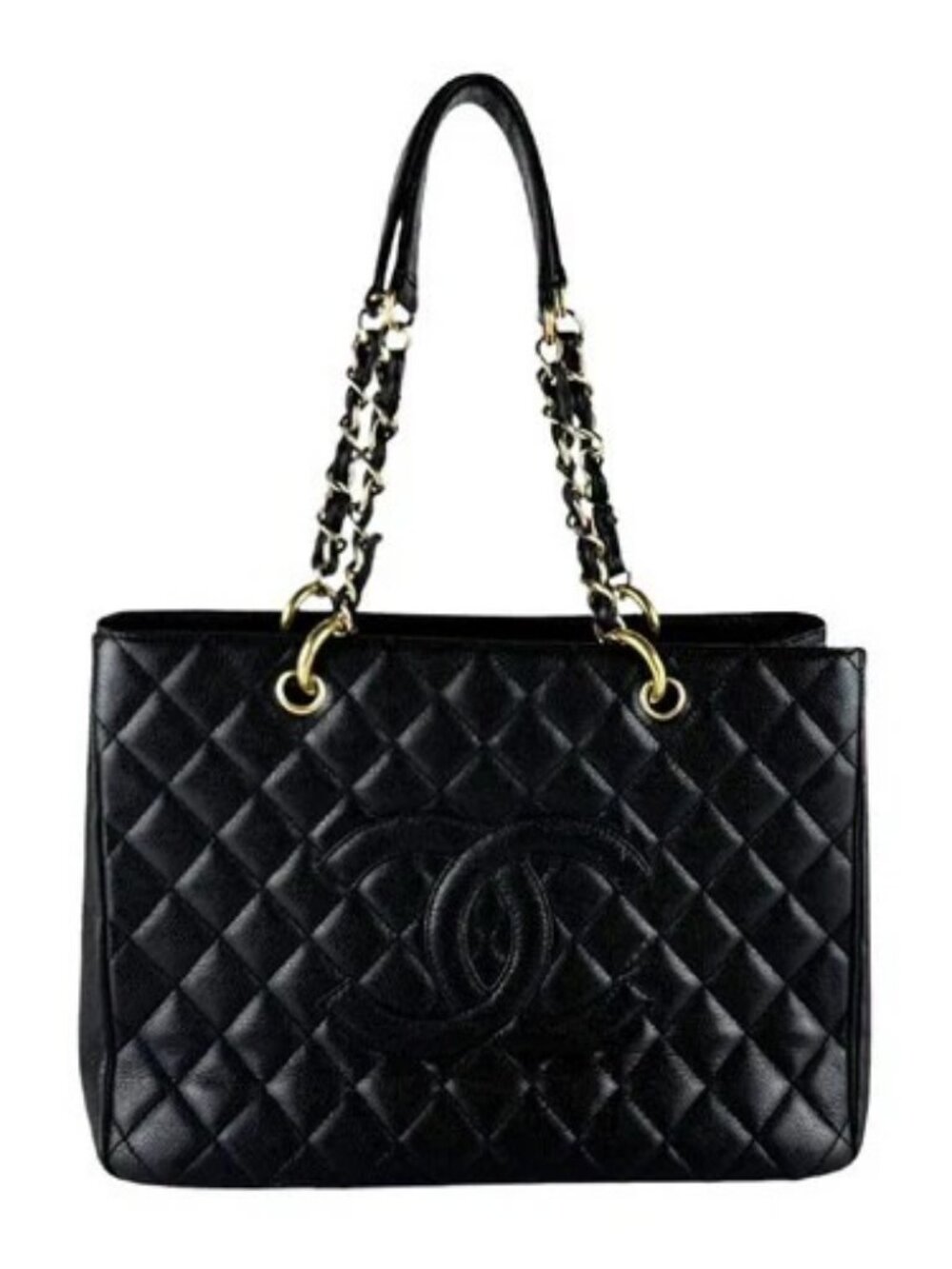 Auth CHANEL GST Tote Shoulder Bag Black/Gold Leather/Metal - z10419